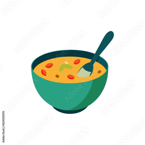 A bowl of hearty soup with a spoon