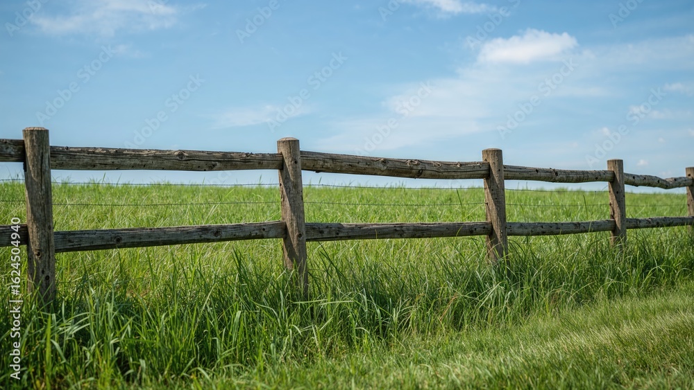Fototapeta premium Green grassy area fenced with wooden panels