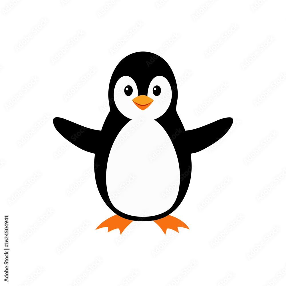 Obraz premium Cute cartoon penguin with big eyes and orange feet on a black background