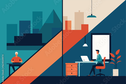 remote work vs office life scene split in half   h.eps