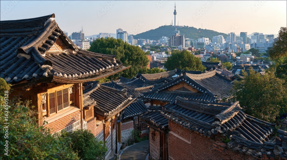 Obraz premium Traditional Korean architecture overlooking a cityscape.