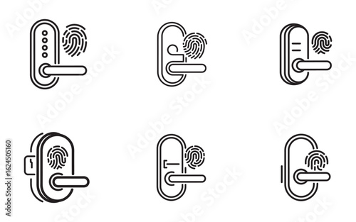 Collection of six modern smart door lock icons featuring fingerprint scanners for secure access