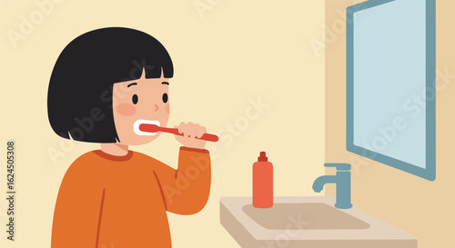 Child brushing teeth in bathroom with sink and mirror. For hygiene promotion