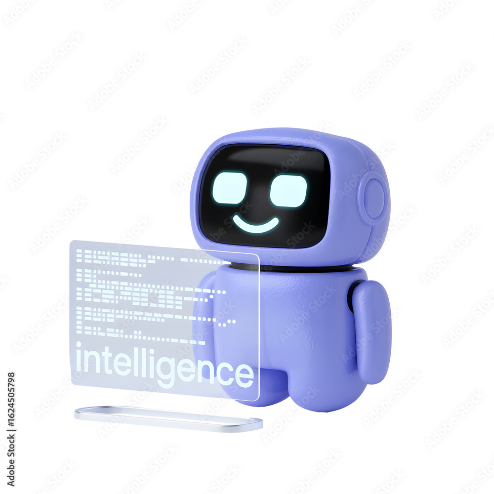 Fototapeta premium Friendly robot learning about intelligence with glowing screen displaying code and text