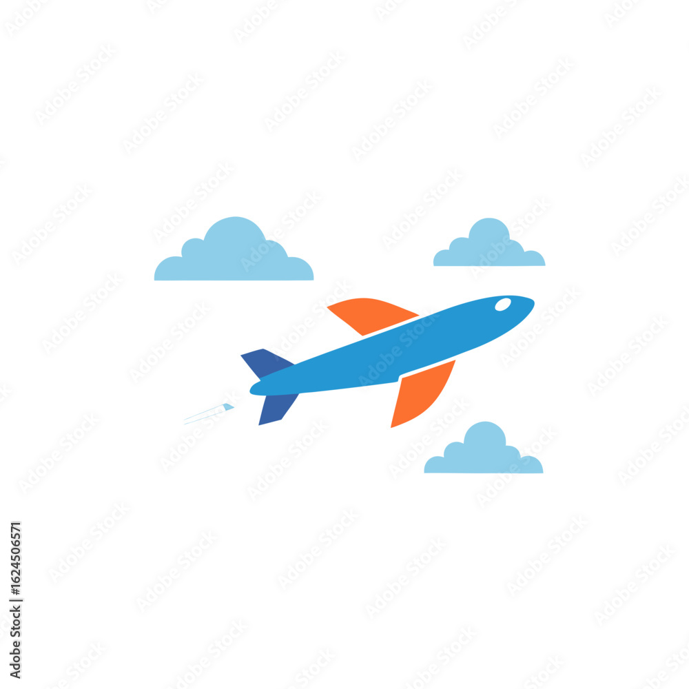 Fototapeta premium Blue and orange airplane soaring through fluffy clouds