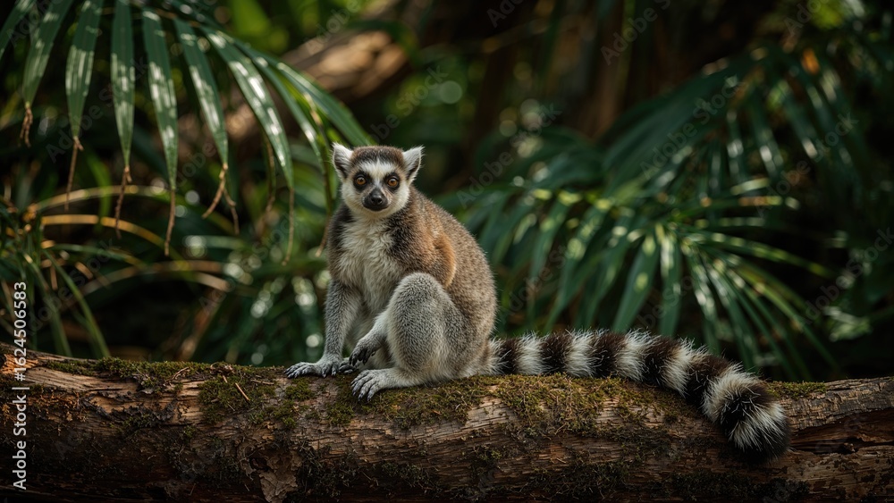 Fototapeta premium Wildlife imagery - ring-tailed lemur seated on natural wood surface