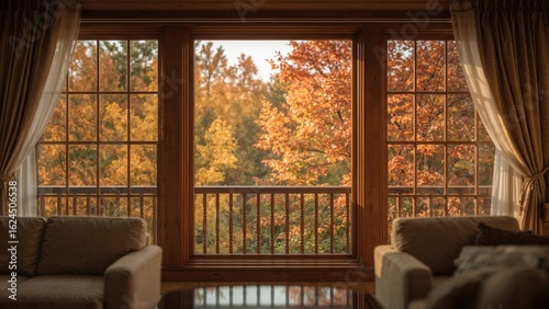 Fototapeta Naklejka Na Ścianę i Meble -  Looking through a window at a fall landscape with leafy trees
