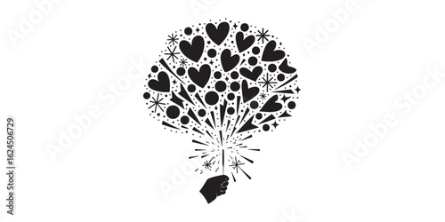 A hand holding a sparkler with hearts stars and circles exploding upwards in black and white design