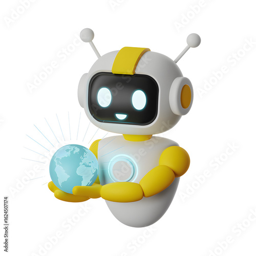Friendly robot holds glowing earth, symbolizing global technology and future innovation