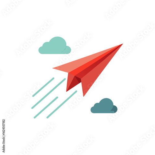 Red paper airplane soaring through the sky with clouds