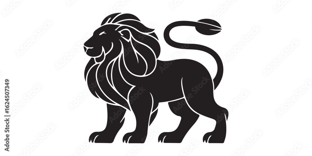 Fototapeta premium A black silhouette of a lion standing with its tail curled on a white background design element