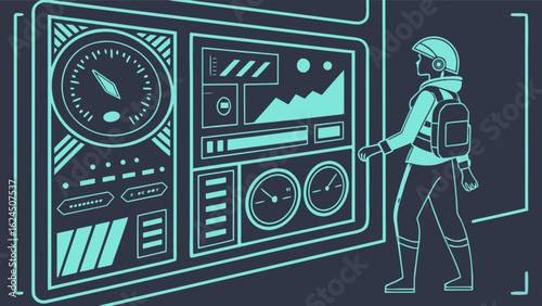 Futuristic control panel interface with data visualization and astronaut entering spacecraft design vector