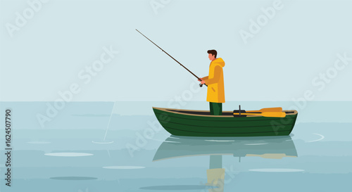Solitary angler casts line from boat on calm lake. Misty background. Relaxing