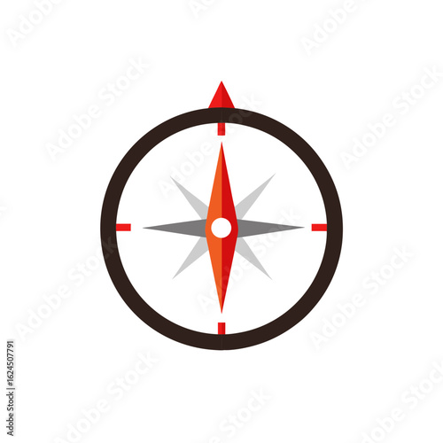 Modern compass icon with red and orange needle on black background