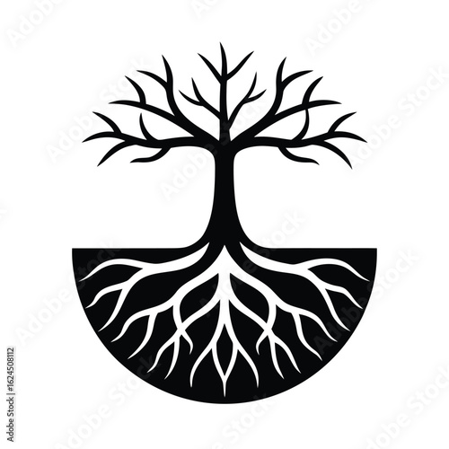Tree Roots Growing Beneath Outline Vector Illustration
