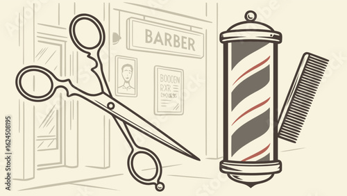 Vintage barber shop illustration with scissors comb and barber pole for hair salon and grooming services