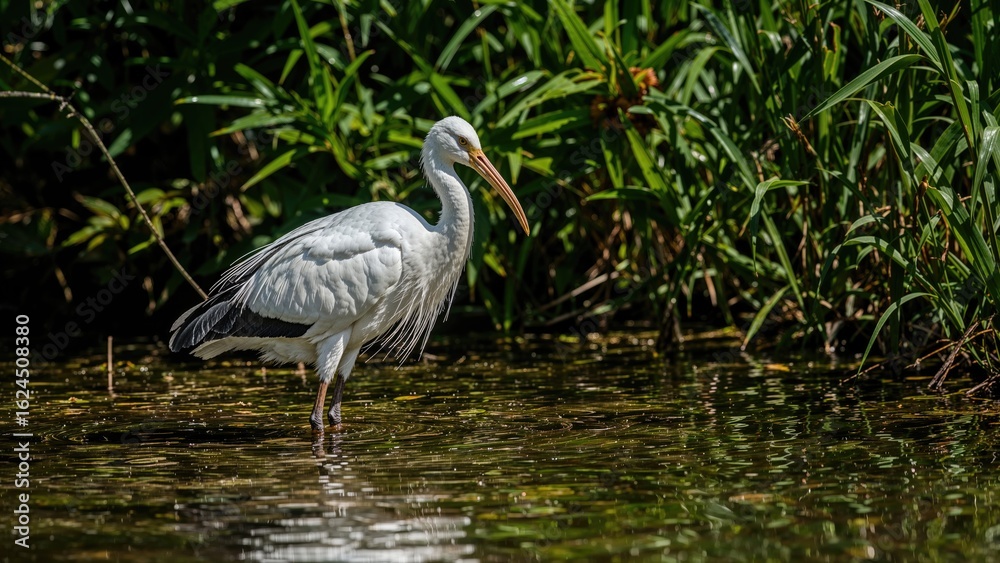 White ibis standing in a natural water setting surrounded by greenery White ibis standing in a natural water setting surrounded by greenery