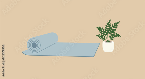 Yoga mat unrolled near a plant. Health lifestyle, relaxing home exercise