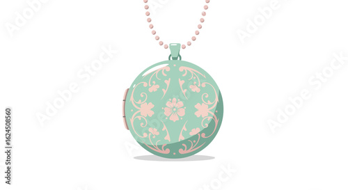 Pastel locket with floral design, hanging. Isolated background. For jewelry ads