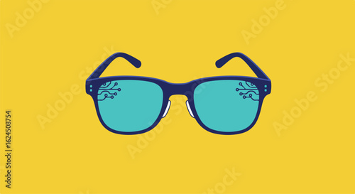 Glasses illustration show a circuit board on the lenses on a yellow background