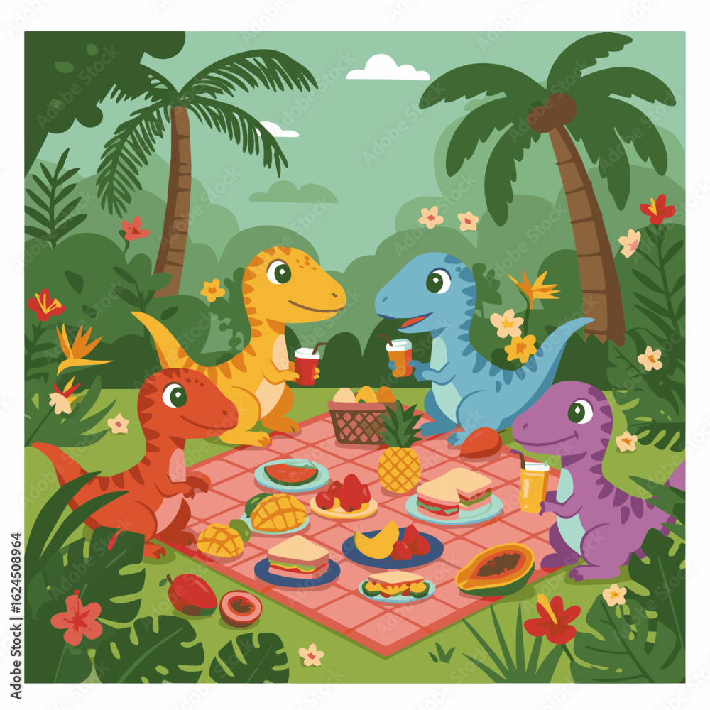 Obraz premium A group of cute colorful velociraptors having a picnic with fruits and sandwiches flat vector style tropical forest background yM3_traced