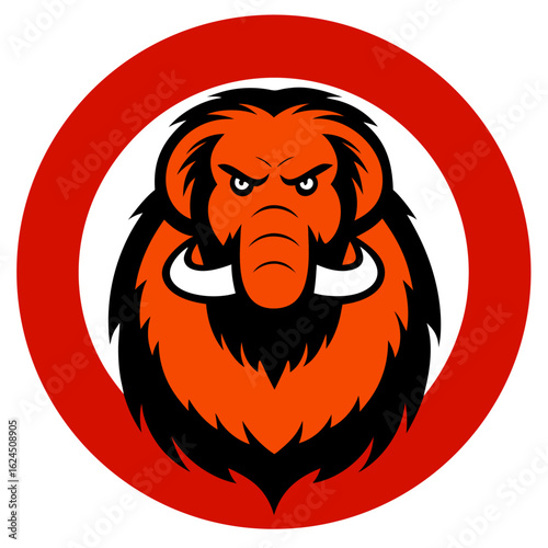 Woolly Mammoth with Giant Tusks in Rugged Orange-Red Badge for Cold-Team Identity
