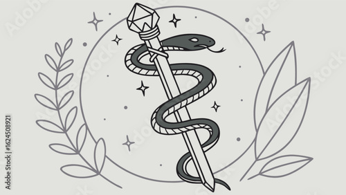 Caduceus vector illustration of snake and staff for medical symbol and design elements artwork image