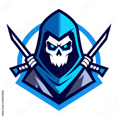 Skull Warrior with Cloak and Dual Katanas in Blue-Shaded Vector Badge