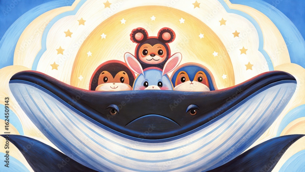 Obraz premium Colorful illustration of whimsical animals peeking from a whale's mouth under a starry sky.