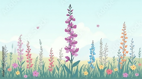 Serene Meadow: Pastel Wildflowers and Gentle Hills Under a Soft Sky