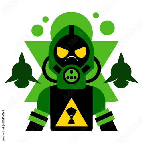 Toxic-Themed Mascot in Gas Mask with Biohazard Signs for Post-Apocalyptic Team