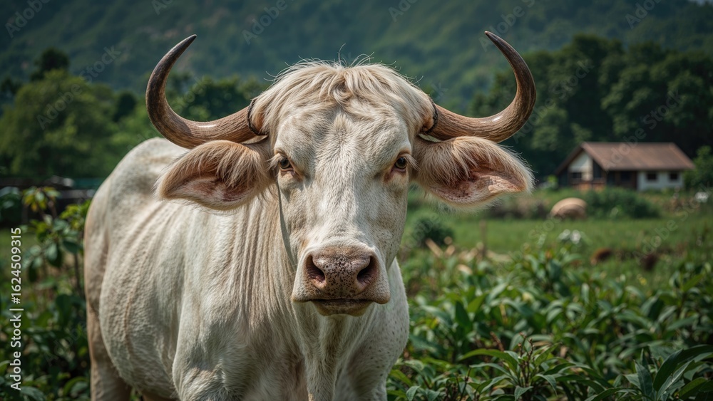 Naklejka premium Light-colored cattle roaming agricultural land, fauna, peaceful farm environment, mammal species