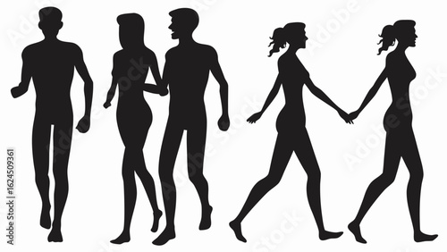 Silhouettes of people walking and holding hands in a group formation on a white background art image