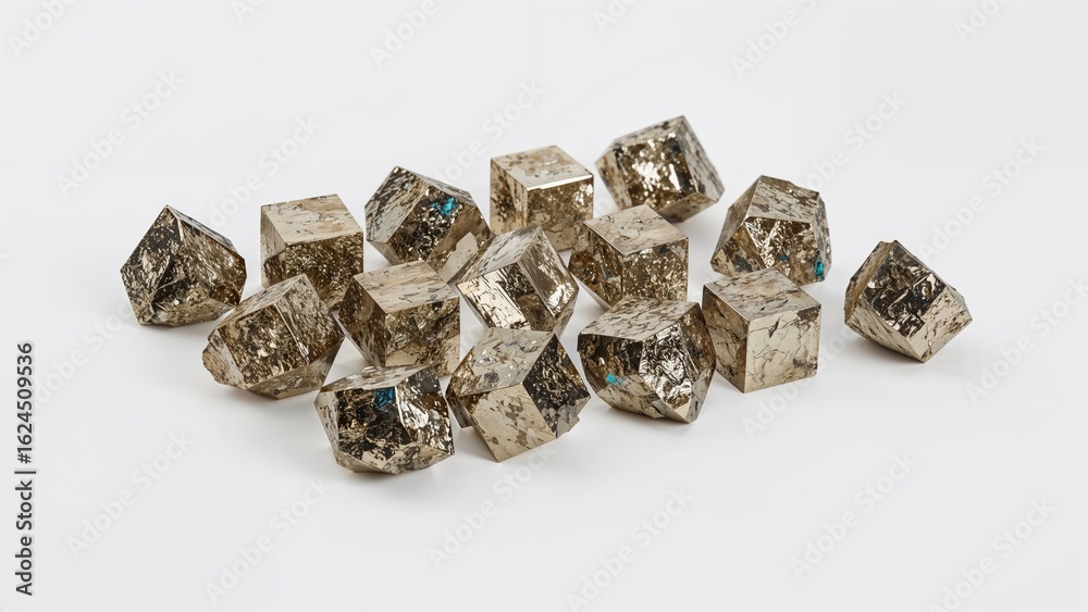 Cubic-shaped pyrite minerals showcased on a clean white surface, also referred to as fool's gold Cubic-shaped pyrite minerals showcased on a clean white surface, also referred to as fool's gold