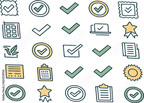 Checkmarks and approved icons with stars and documents tick correct