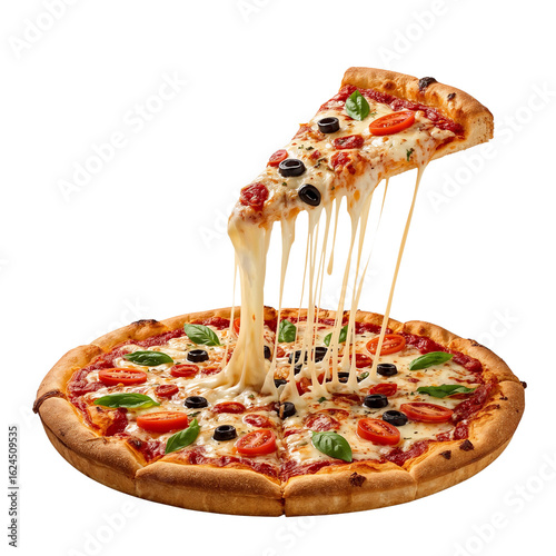 Elevated pizza slice showcasing stringy melted cheese against a clean transparent setting with