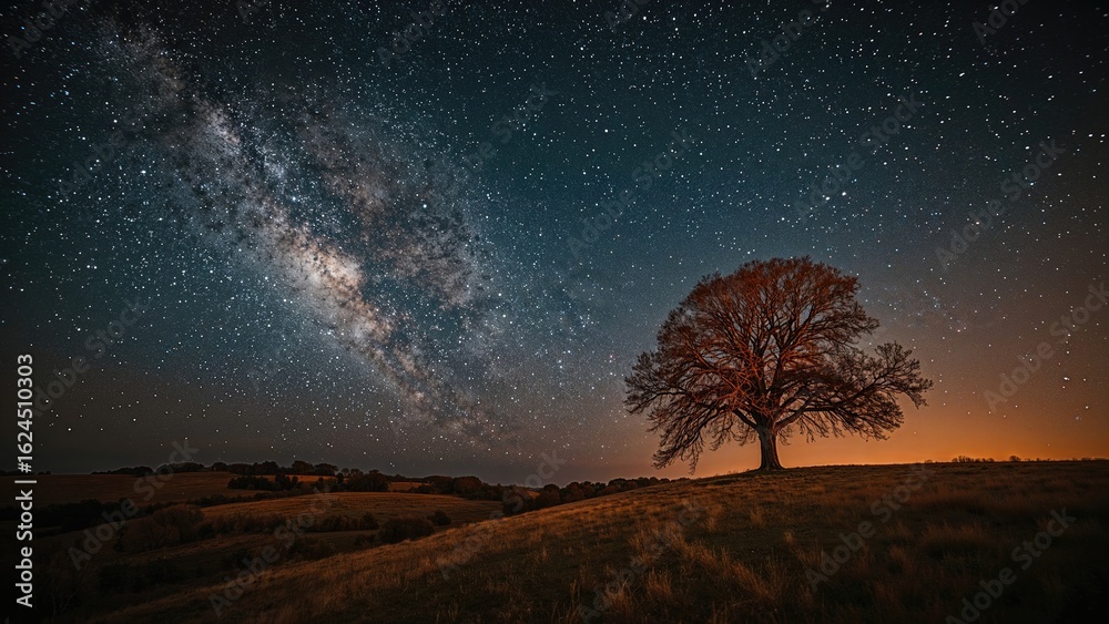 Fototapeta premium Starry Milky Way shining above a tree on a gentle incline, with sunrise colors starting to appear.