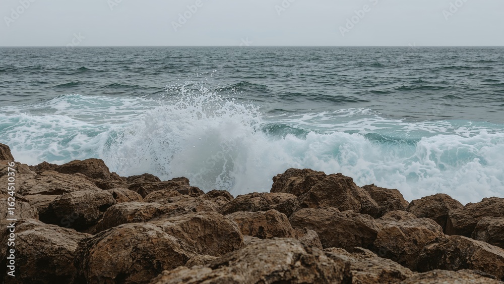 Seawater splashing on rugged cliffs