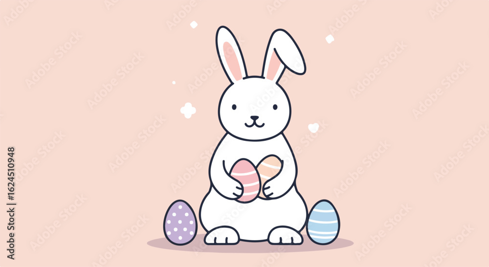 Fototapeta premium Cute rabbit holding Easter eggs on pink backdrop, for cards and social media