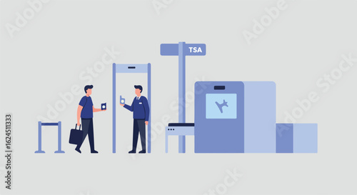 Passenger at airport security, scan in background, for travel illustration