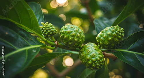 Detail of young noni fruits growing in clusters on tree branches, with green glossy leaves and shallow depth of field.

