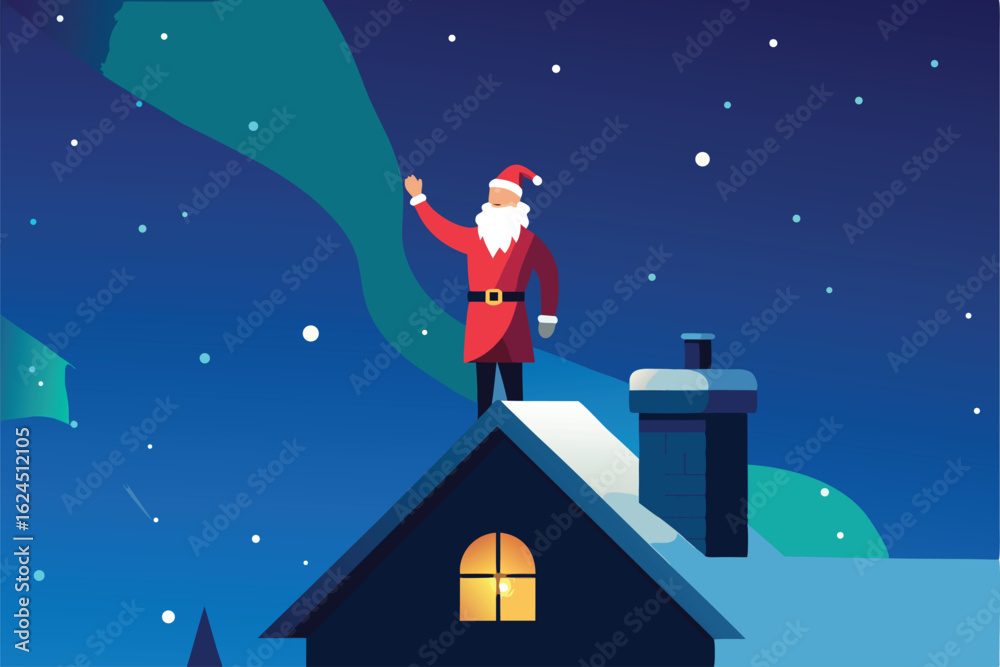 Fototapeta premium santa claus waving from a chimney rooftop under a.eps