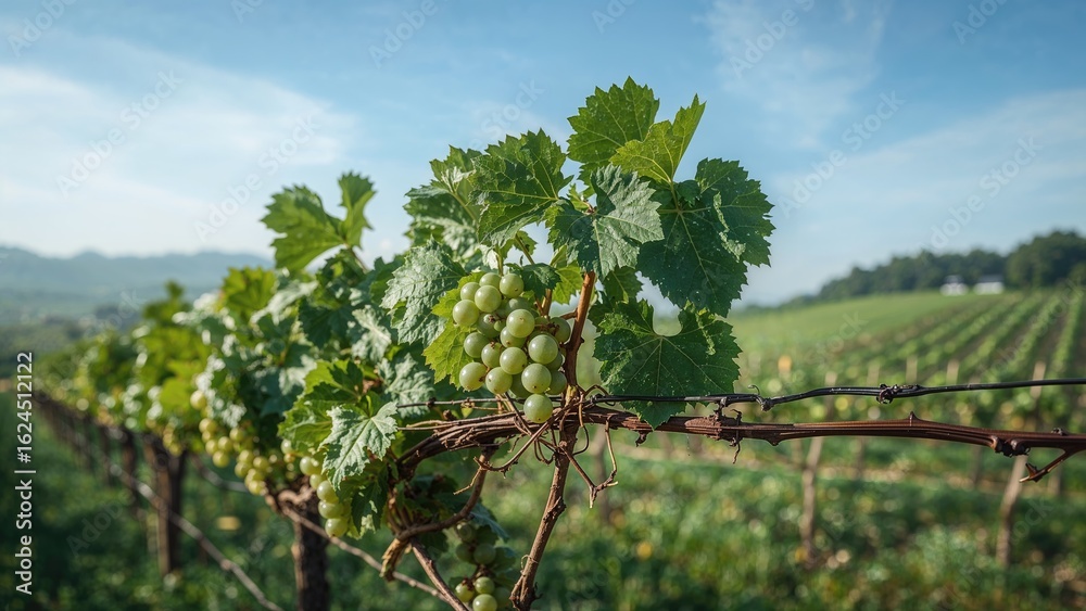 Fototapeta premium Vineyard backdrop featuring tender, fluffy young grape leaves