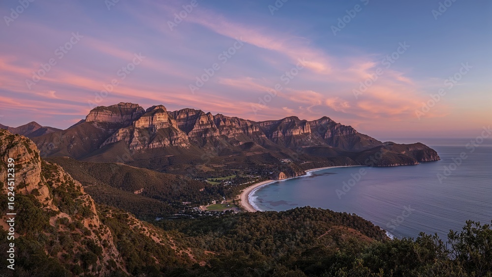 Fototapeta premium Sunset over a rugged mountain and hill scenery by the water