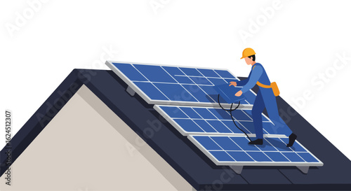 Roofer installs solar panels on home roof; energy tech in background