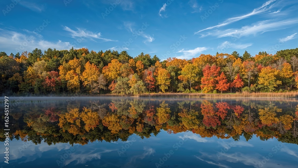 Obraz premium Colorful fall trees reflected on the pond surface