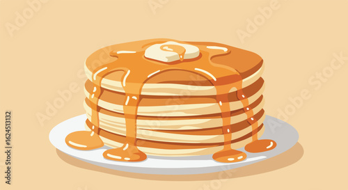Stack of pancakes pouring syrup and melting butter on a plate, against plain background