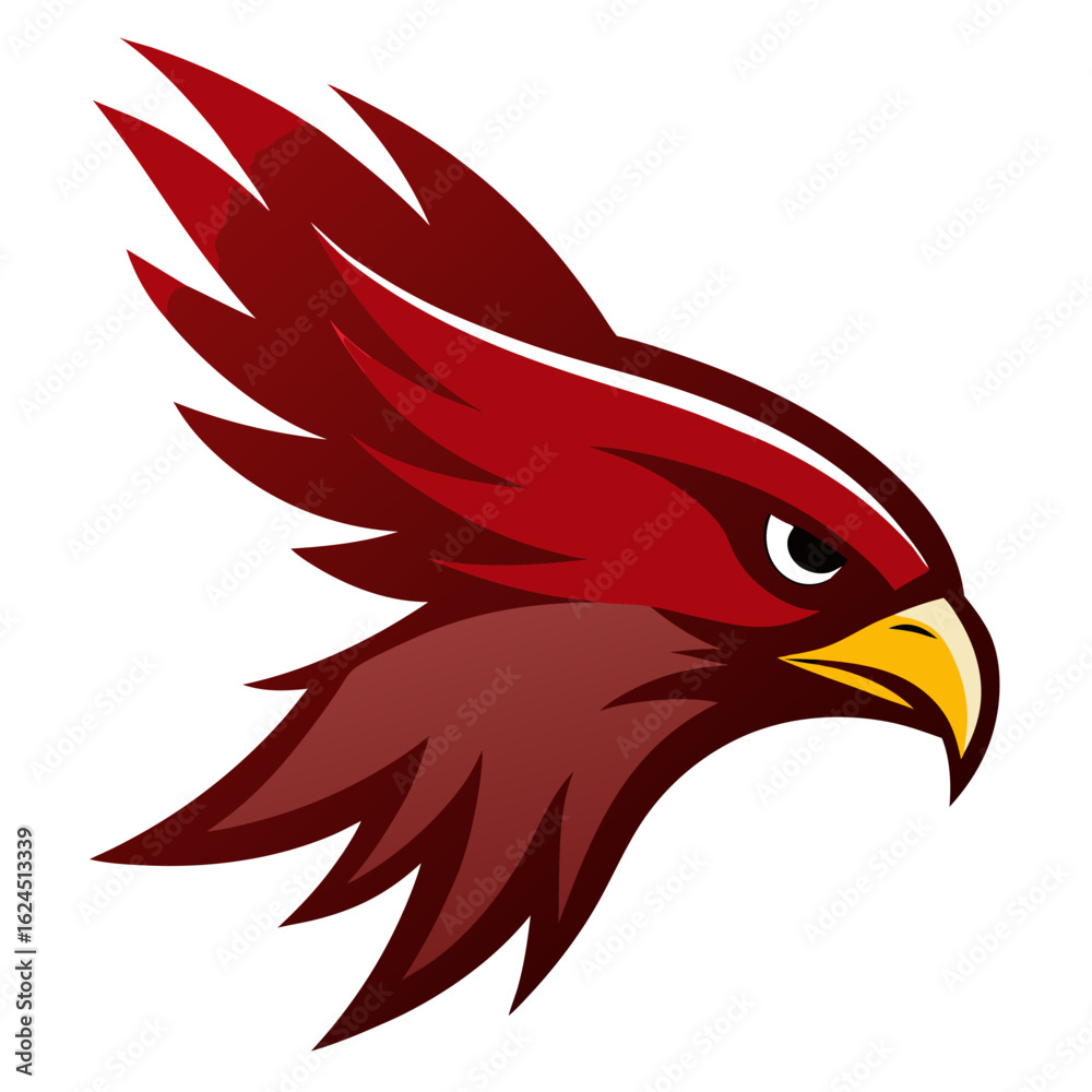Obraz premium Diving Hawk Head with Extended Feathers in Clean Deep Red Vector Style