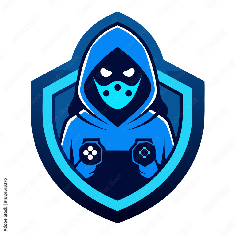 Fototapeta premium Masked Gamer in Blue Hoodie Holding Controllers with Stylized Motion Badge