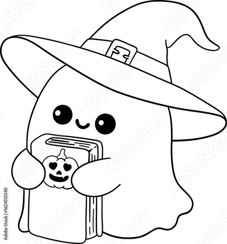 cartoon halloween ghost cuddling book in black and white kid friendly line art